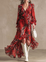 Fashionable Retro Resort Snakeskin Red Chiffon Long-sleeved Maxi Dress