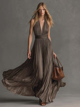 Greyish-Brown Satin V-Neck Pleated Maxi Dress