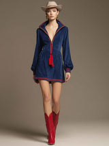 Western-style Retro Woven Ribbon Tassel Royal Blue Faux Suede Long-sleeved Mini Dress