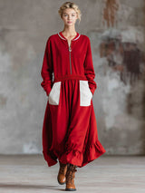 Loose-fitting Sporty Style Double-pocket Zip-up Long-sleeved Midi Dress