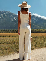 【24-hour shipping out】Women's White Linen Sleeveless Suspender Button Jumpsuit With Lace Design