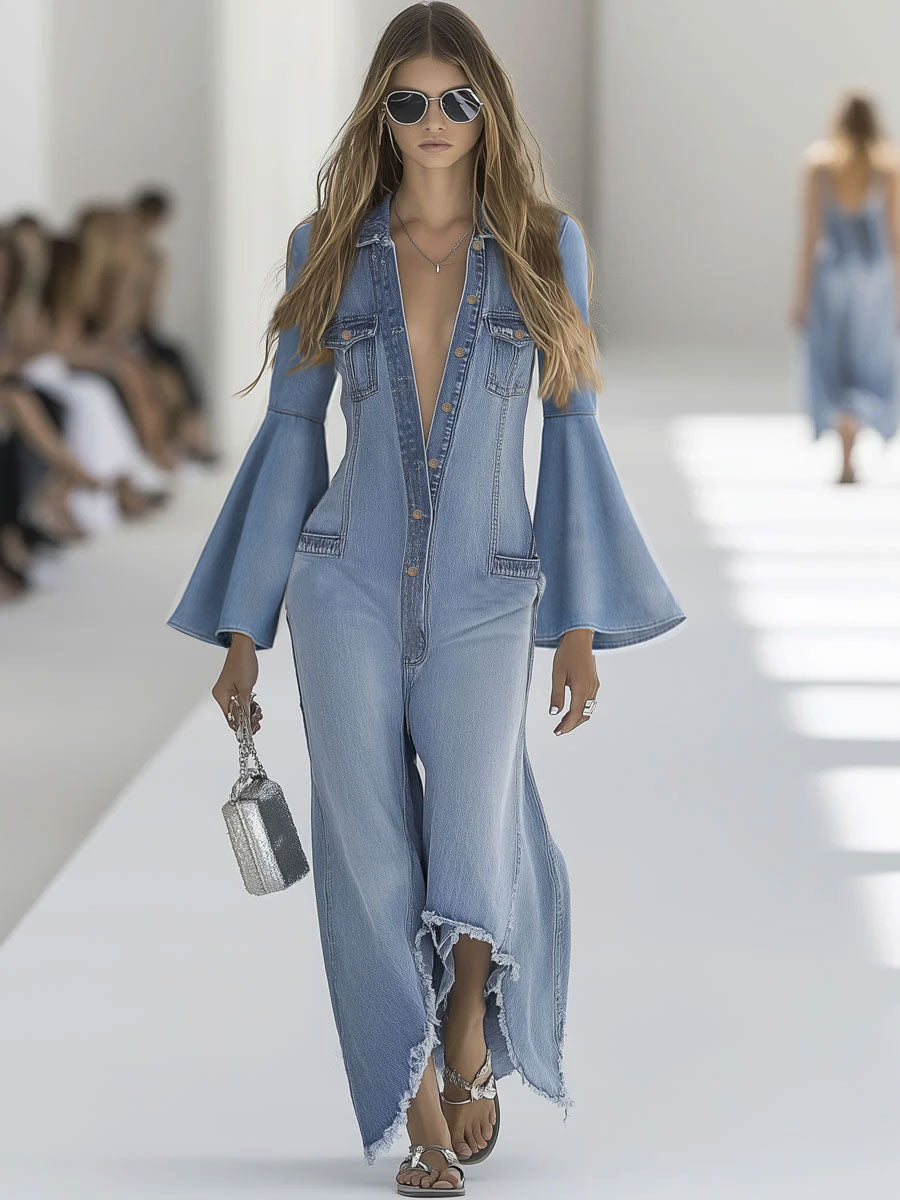 Casual Retro Light Blue Denim Flared Long-Sleeved Wide-Leg Raw Edge Jumpsuit