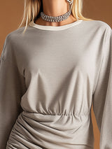 Stylish White-trimmed Gray Cotton Mini Dress