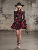 Elegant BlackWith Red Rose Pattern And Cutout Neckline Mini Dress