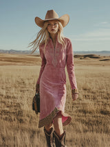 Vintage Western-style Pink Embroidered Faux Suede Midi Dress