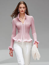Pink Stand-up Collar Zipper Ruffled Mesh Knit Cardigan