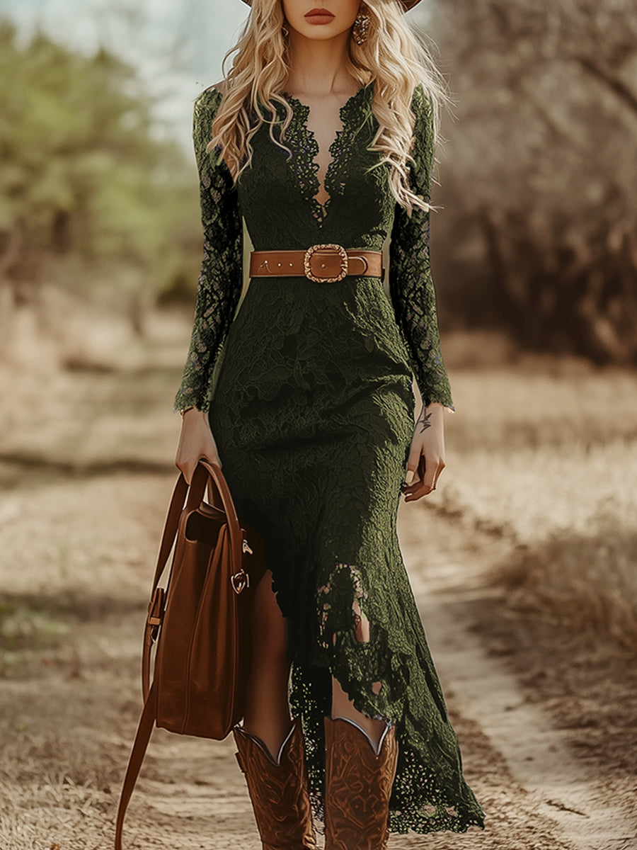 Vintage Bohemian Blue Lace Long Sleeve Midi Dress