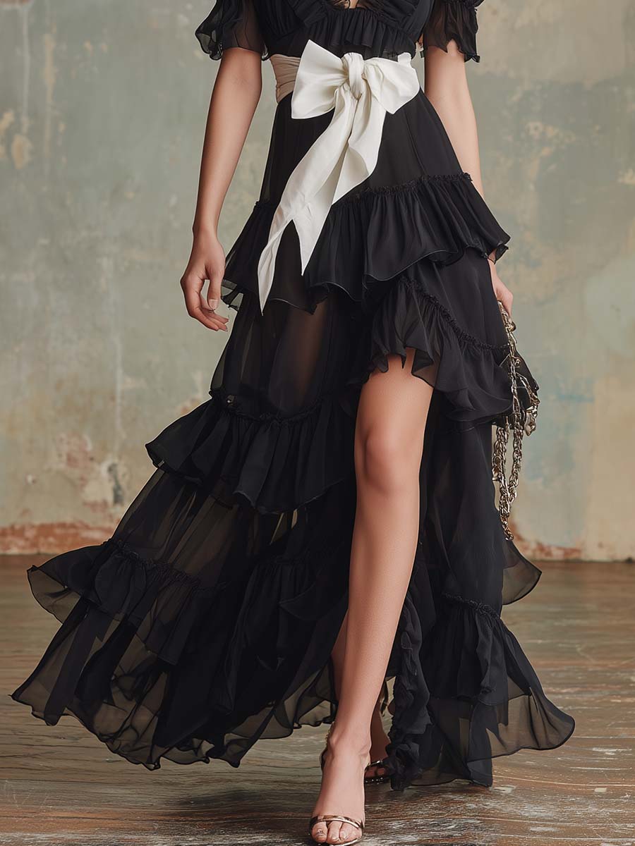 Black Chiffon V-Neck Ruffle Maxi Dress with Slit