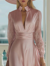 Elegant Retro V-neck Lace Long-sleeved Light Pink Satin Maxi Dress