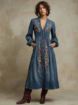 Western Retro Long-Sleeved Floral Embroidered Blue Denim Cardigan Midi Dress
