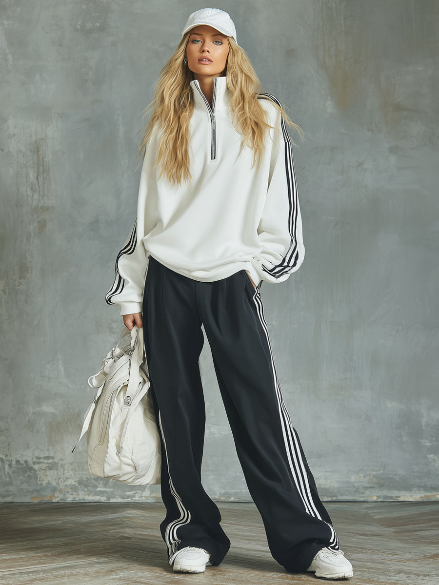 Sporty Stand-collar Zip-up Top And Trousers Casual Set