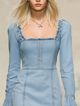 Vintage-style Square-neck Denim Midi Dress