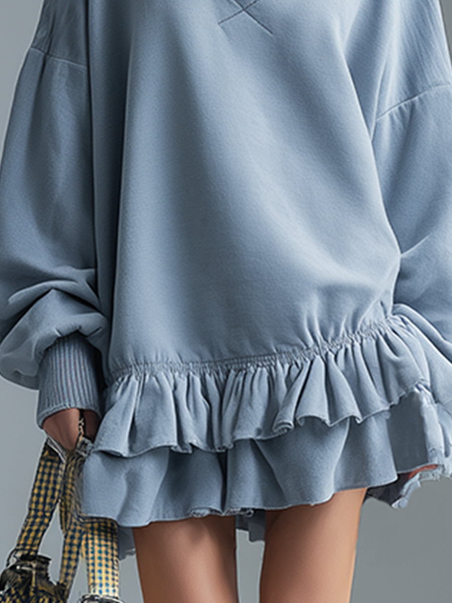 Stylish And Sporty Double-layered Ruffle Light Blue Sweatshirt Mini Dress