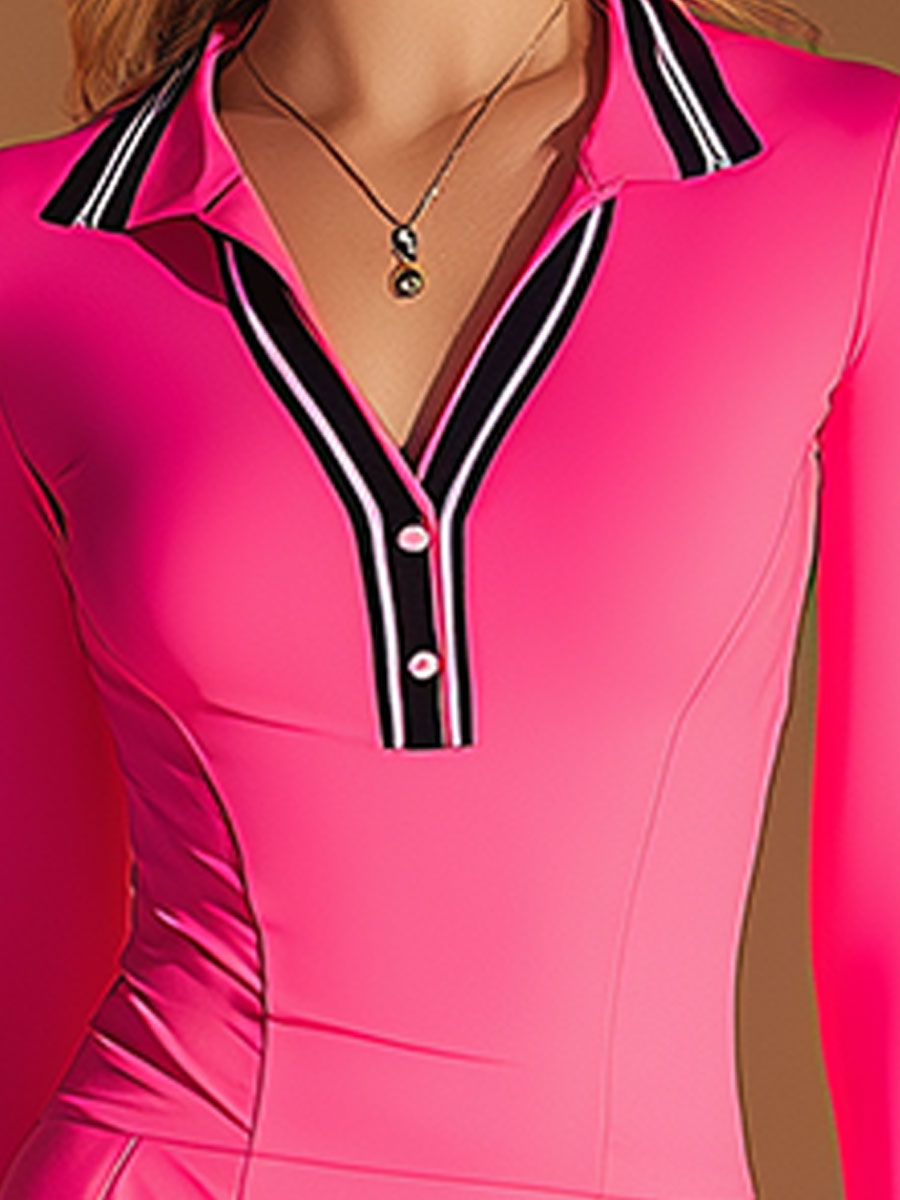 Sporty Black And White Collared Pink Cotton Mini Dress