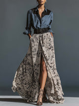 Retro Fashion Lapel Front Button Denim Patchwork Chiffon Printed Hem Slit Maxi Dress
