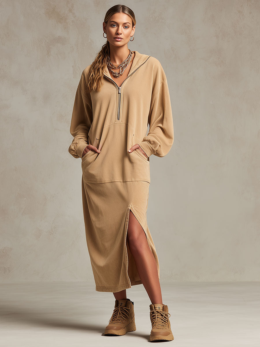 Casual Sporty Retro Camel Hooded Sweatshirt With Slit Midi Dress