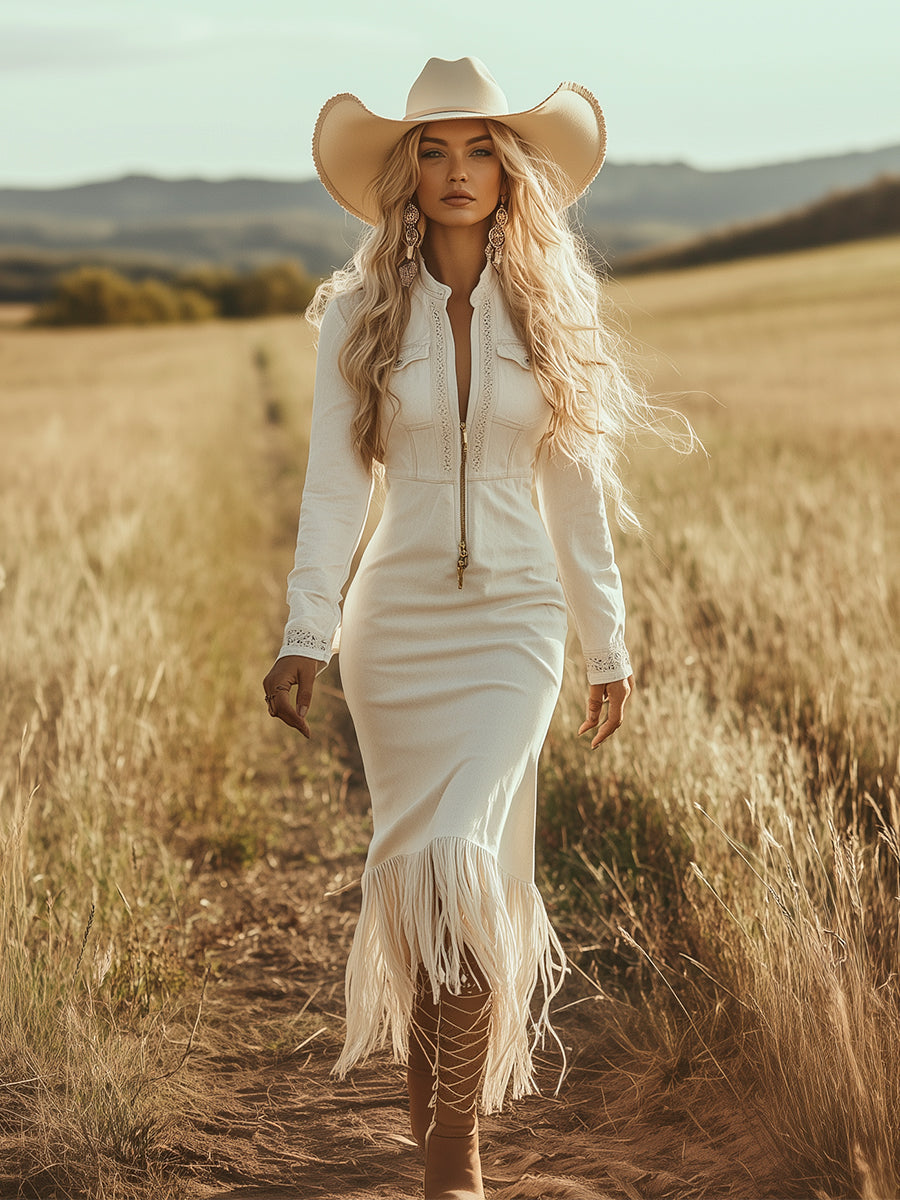 Vintage Western Cowboy Off-White Faux Denim Half-Zip Tassel Long-Sleeved Maxi Dress