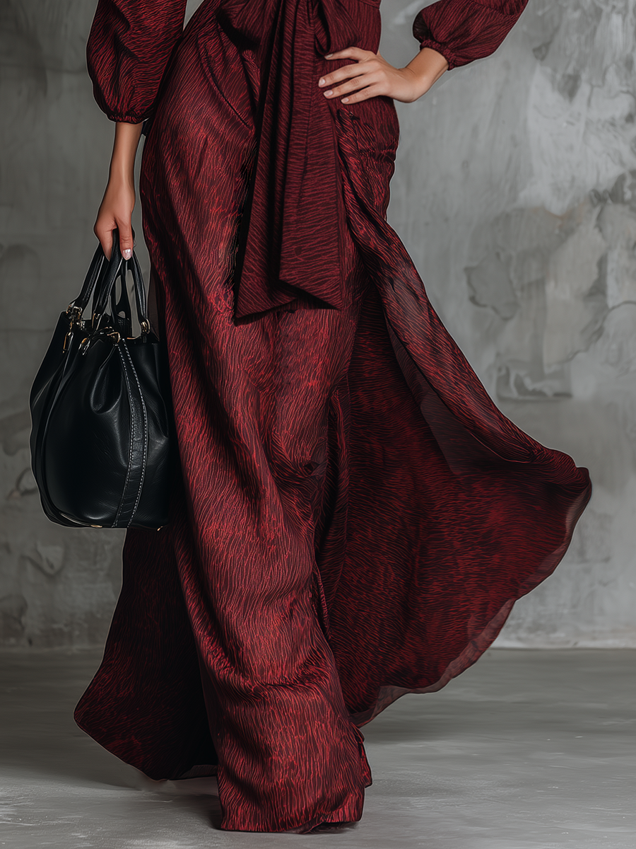 High-end Chic V-neck Tie-up Burgundy Satin Jacquard Maxi Dress