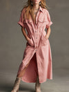 Casual Retro Pink Denim Short-sleeved Shirt Maxi Dress