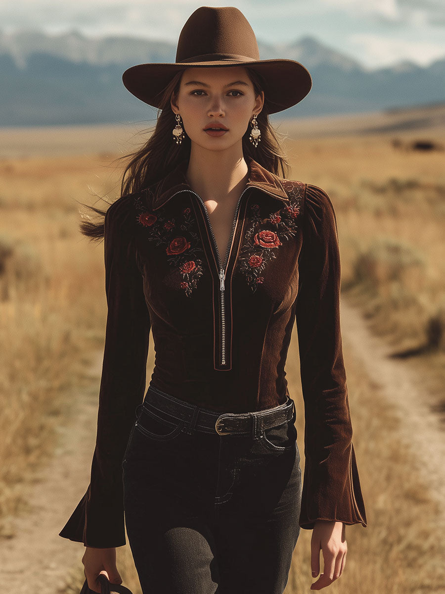 Western-style Vintage Embroidered Brown Velvet Shirt