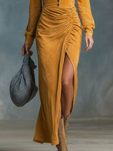 V-neck Button-down Ruched Split Hem Faux Suede Long-sleeved Midi Dress