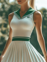 【24-hour shipping out】Fashionable Preppy Style White And Green Contrast Striped Sleeveless Mini Dress