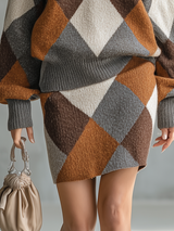 Charm Retro-style Elegant Color-blocked Diamond-patterned Knitted Top And Skirt Set