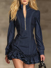 Stand-up Collar Half-zip Ruffled Denim Long-sleeved Mini Dress