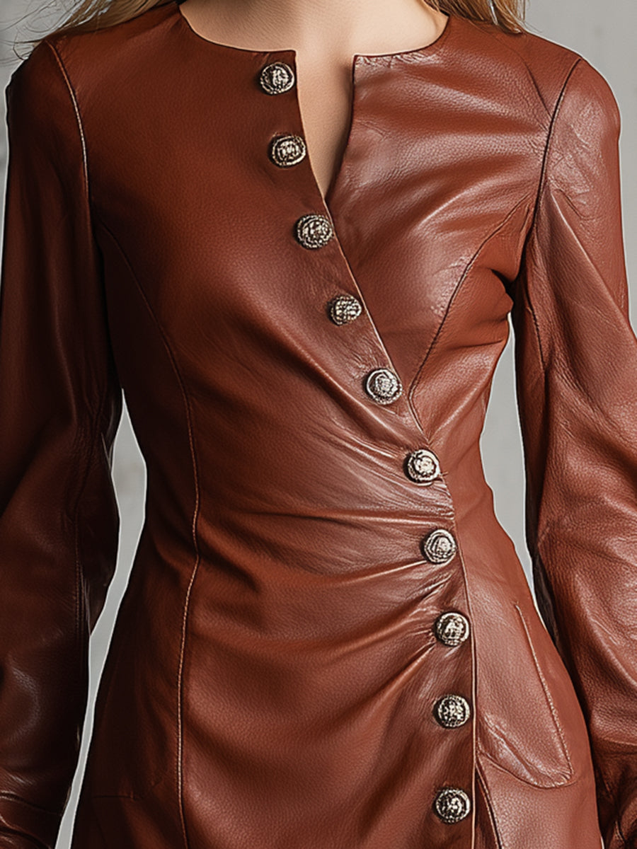 Elegant Brown Faux Leather Mini Dress With Button Closure.