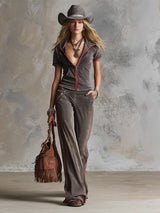 Vintage-style Distressed Cotton Tan T-shirt And Pants Set
