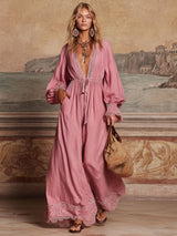 Pink V-neck Tie-waist Patchwork Lace Cotton And Linen Long-sleeved Maxi Dress
