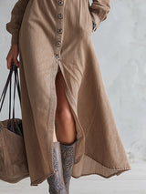 Vintage Western-style Lapel Button-down Khaki Denim Maxi Dress