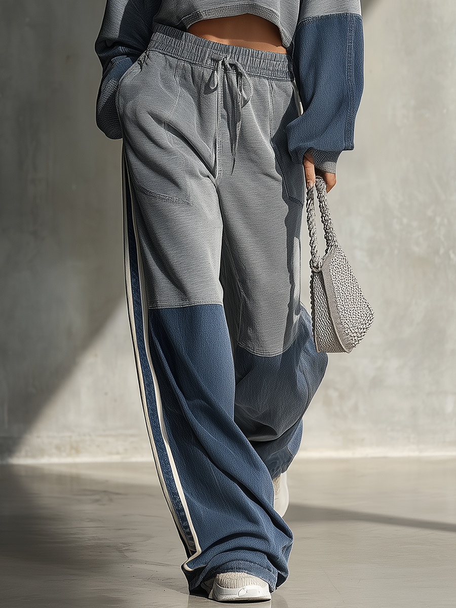 Casual Sporty Color-blocked Grey Sweatshirt And Wide-leg Pants Set