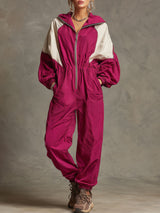 Outdoor Sports Retro Rose Red Zip-up Long-sleeved Jumpsuit