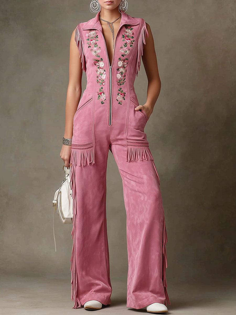Western-style Retro Floral Embroidered Pink Faux Suede Sleeveless Tassel Jumpsuit
