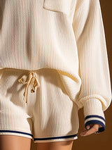 Casual And Stylish White Knitted Long-sleeved Top And Shorts Set