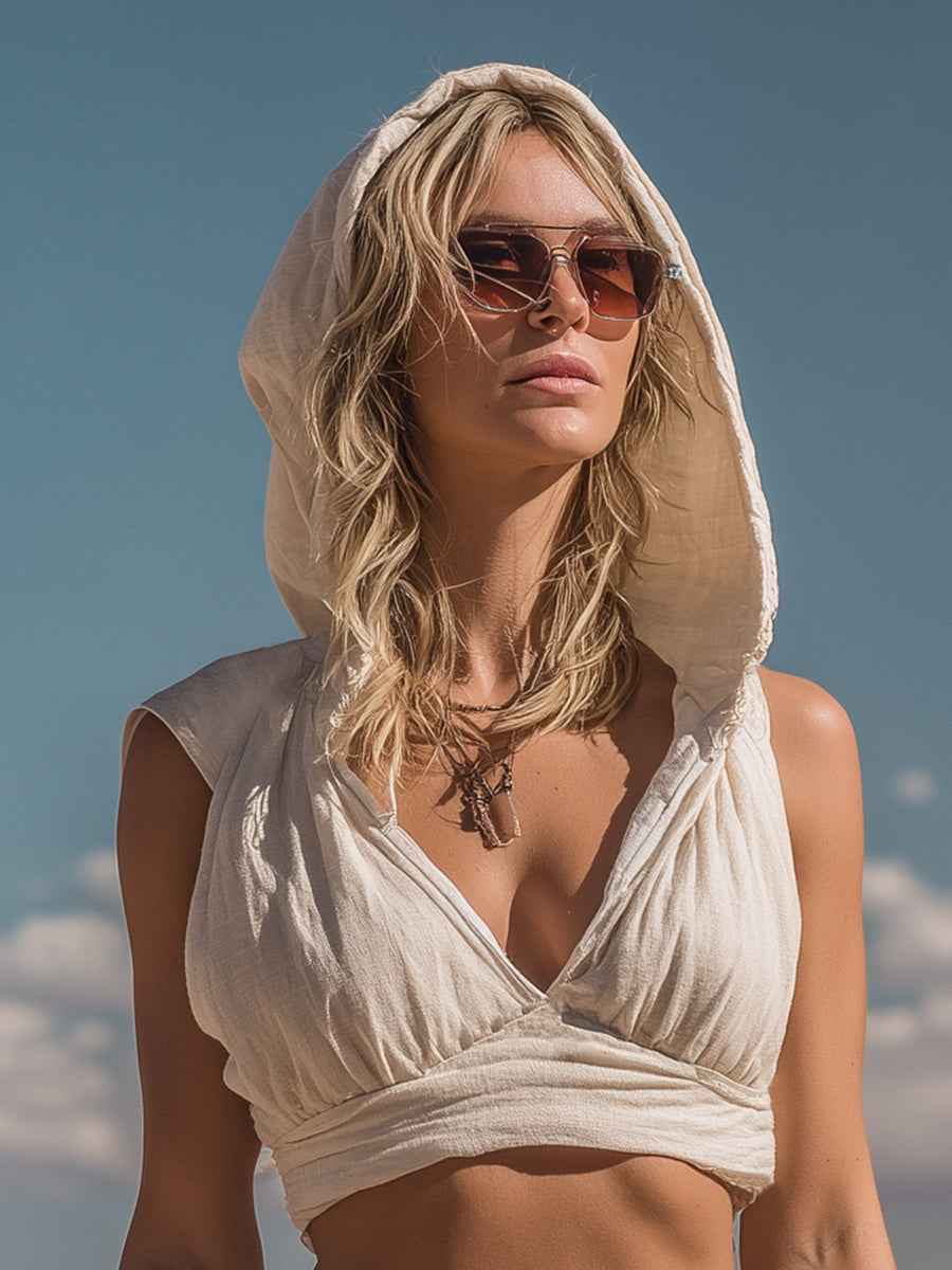 【24-hour shipping out】Retro And Fashionable Wasteland Style Hooded Top Tassel Skirt Beige Cotton And Linen Suit