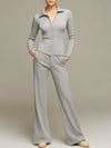 Sporty Grey And Silver-thread Knit Ribbed Cardigan And Flared Pants Set