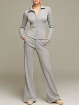Sporty Grey And Silver-thread Knit Ribbed Cardigan And Flared Pants Set