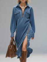 Lapel Collar Double-pocket Zip-up Denim Long-sleeved Midi Dress