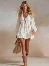 Western Vintage Tie-up V-neck Bubble Hem White Denim Mini Dress