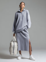 Sporty Retro Webbing Blue-grey Knit Half-zip Sweatshirt And Slit Skirt Set