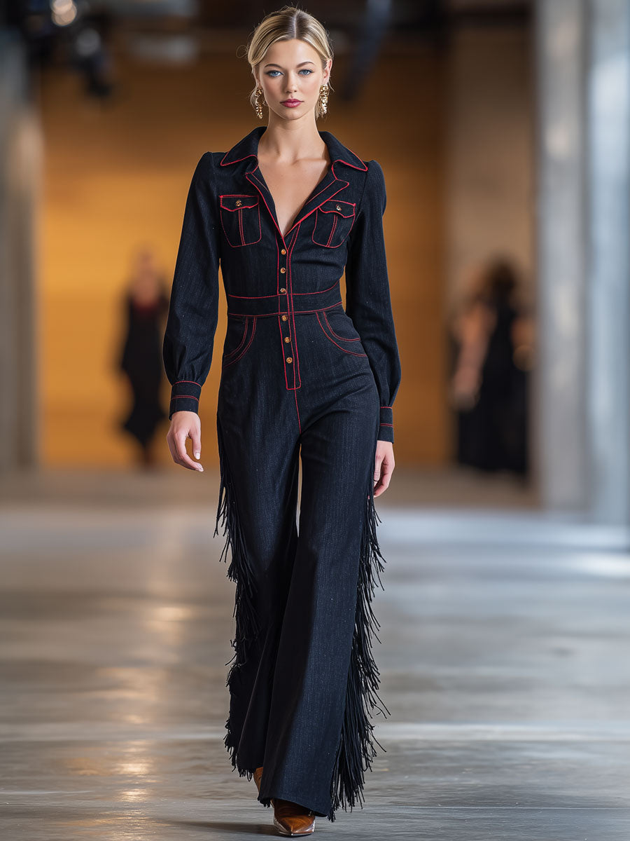 Retro Red Topstitched Navy Denim Long Sleeve Flared Tassel Jumpsuit