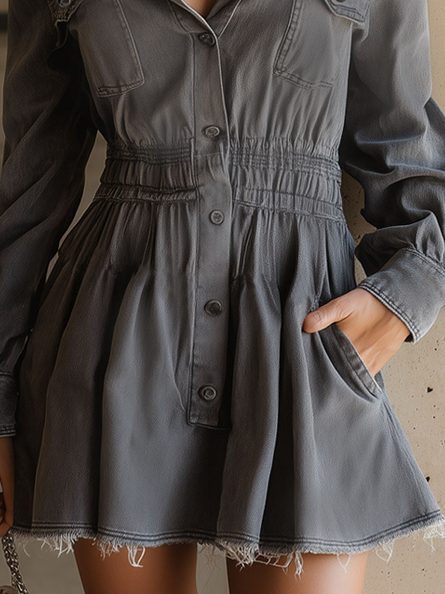 Vintage-style Collared Multi-pocketed Elastic-waist Gray Denim Long-sleeved Mini Dress