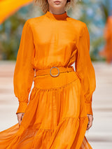 Fashionable And Casual Orange Chiffon Long-sleeved Maxi Dress