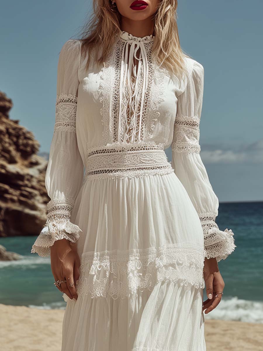 Elegant Retro Bohemian Style Round Neck Lace Trim White Cotton Maxi Dress