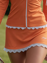 Vibrant Lace-trimmed Orange Hooded Sweatshirt And Shorts Set