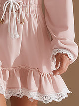 Sporty Retro-style White Lace And Pink Long-sleeved Mini Dress