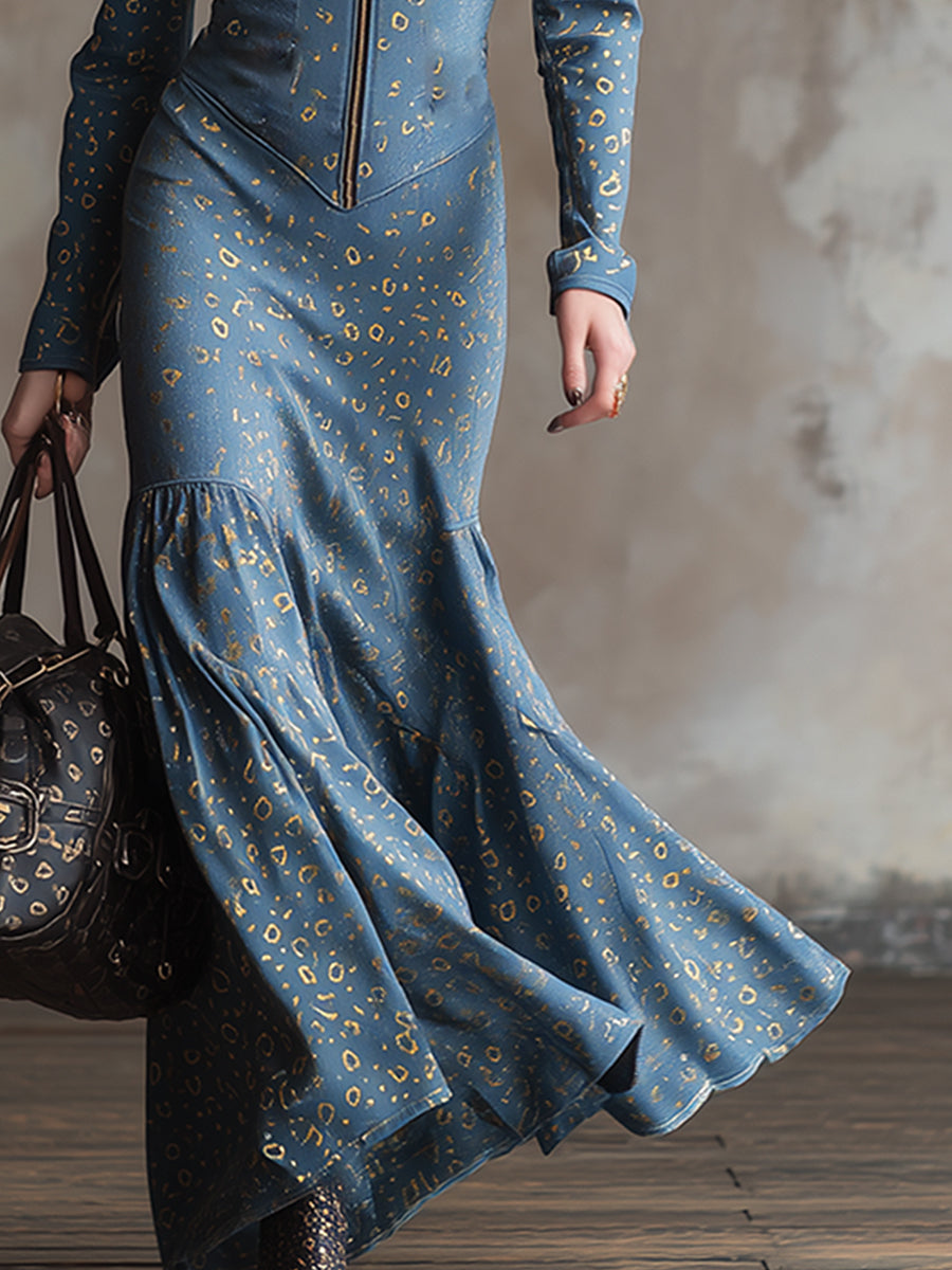 Elegant Urban Leopard Print Gold Foil Blue Tencel Denim Maxi Dress