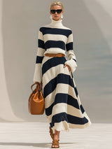 Fashionable And Elegant High Collar Navy Blue And White Contrast Striped Knitted Long Sleeve Maxi Dress
